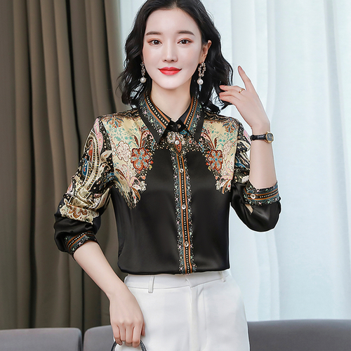 Lady Floral Satin Shirt Blouse Top Long Sleeve Business Formal Shiny Elegant - Picture 4 of 8