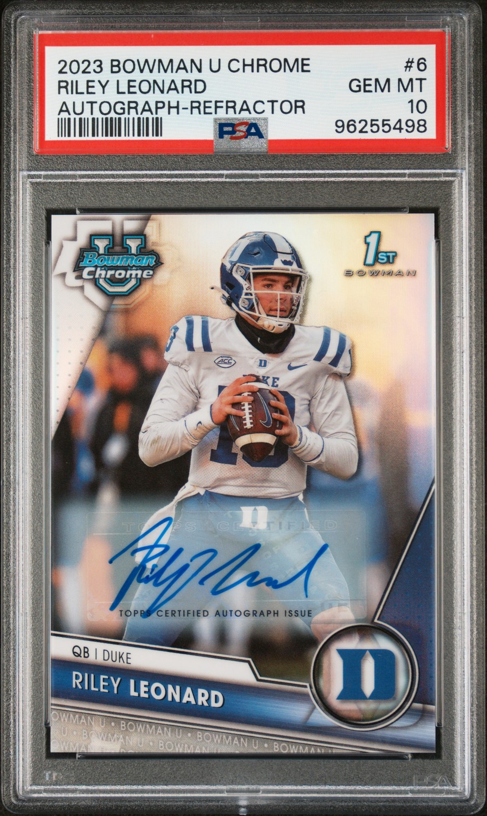 2023 BOWMAN UNIVERSITY CHROME AUTO-REFRACTOR #6 RILEY LEONARD 165/499 PSA 10