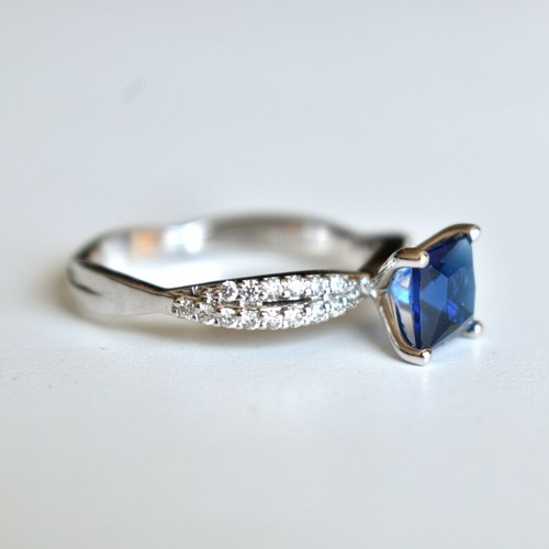 2.35 Ct Princess Natural Sapphire & Diamond Wedding Ring Sterling Silver Gold 8 - Picture 9 of 9
