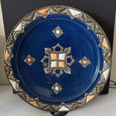 Morrocan Safi Style Ceramic Plate W Inlay Hand Painted Design 13  Blue Silver