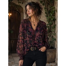 Top Elie Tahari 2X Negro Ciruela Floral Burnout Terciopelo Calado Boho Capricho