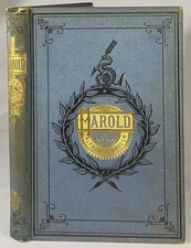 1877 LORD ALFRED TENNYSON Victorian Binding HAROLD Antique Decorative Blue Book