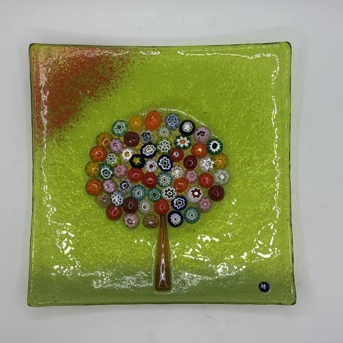 Murano Italy Millefiori Fused Glass Tree of Life Art Trinket Dish VTG 2000 6.5”