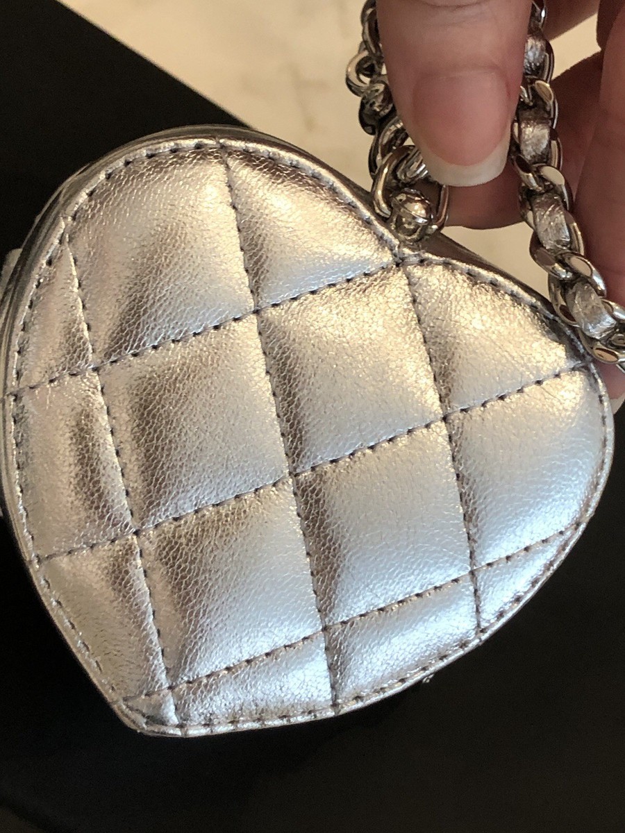 NEW 25B Chanel Silver Metallic Mini Heart Bag Charm With
