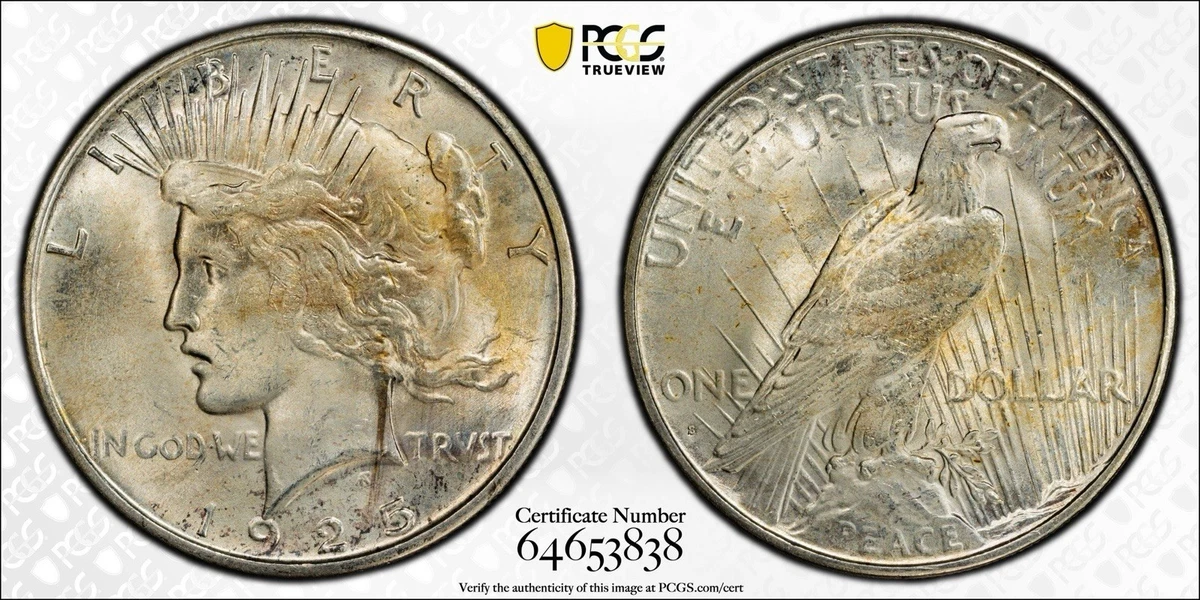 PCGS Certified MS 63 Graded 1925 Year Peace Dollars (1921-1935