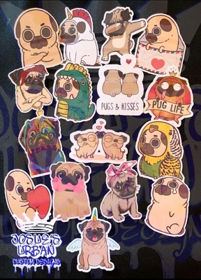 16pcs Cute Pug Glossy Stickers