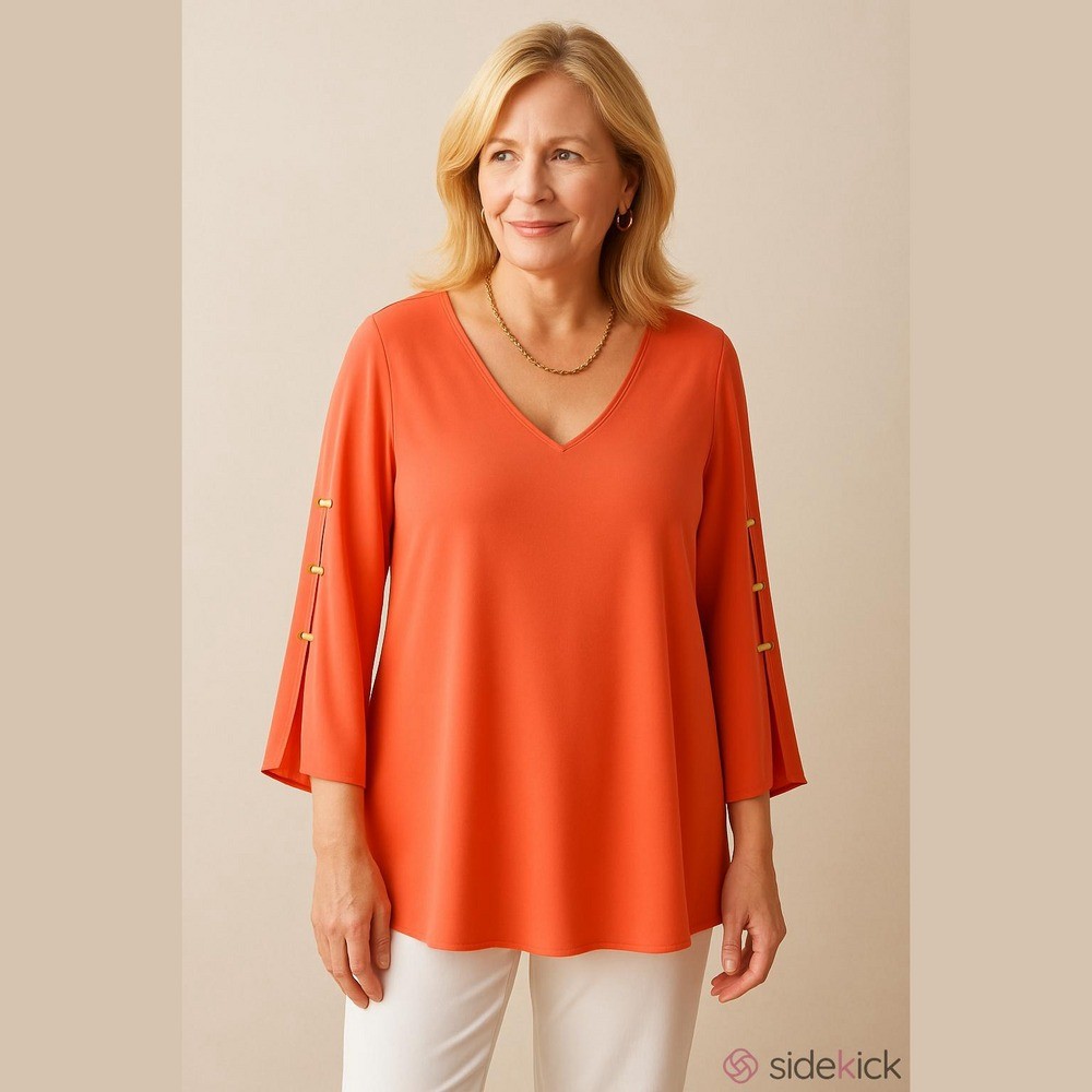 MICHAEL KORS V neck Flowy Top Coral Beaded Split Sleeve Blouse Size Medium