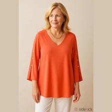 MICHAEL KORS V neck Flowy Top Coral Beaded Split Sleeve Blouse Size Medium