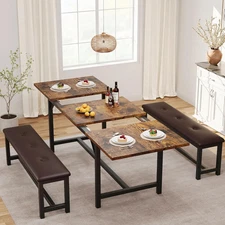 Extendable Dining Table Set with 2 Upholstered Benches