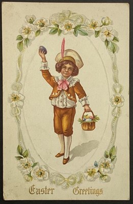Easter Greetings Boy with Basket Vintage Embossed Postcard Posted 1913