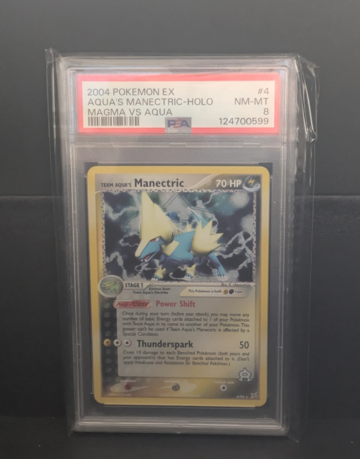 Team Aqua's Manectric 4/95 Team Magma vs Team Aqua Holo PSA 8