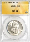 1949-S FRANKLIN Silver Half Dollar ANACS MS 62