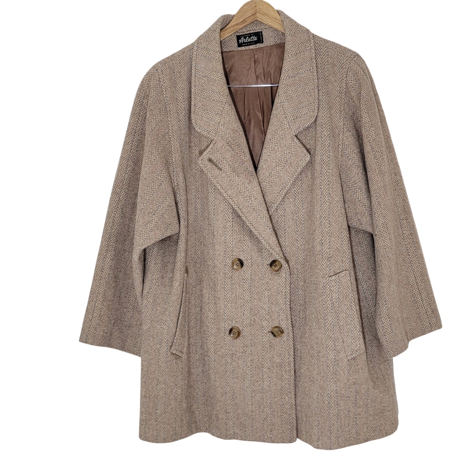 Oversized brown herringbone wool tweed coat, double breasted, made in USA