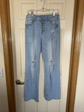 Womens Light Denim Distressed Button Up Straight Leg Jeans Size Medium