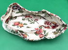 White fabric basket with red and green fruit print, blue edges, and visible stitching, resting on a green background.