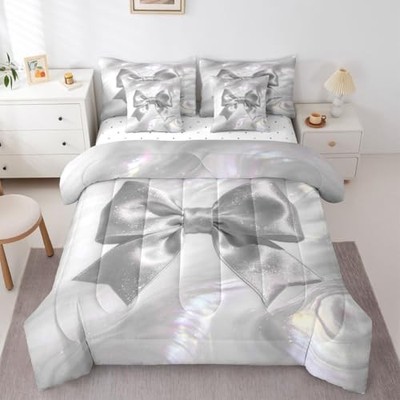 Silver Silk Bowknot 7 Piece Bedding Set Princess Bow Twin Glitter Silver
