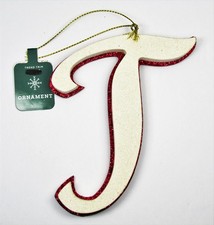 Letter Initial Monogram T Holiday Ornament Xmas Off-White  Red 4.5" Target Wood