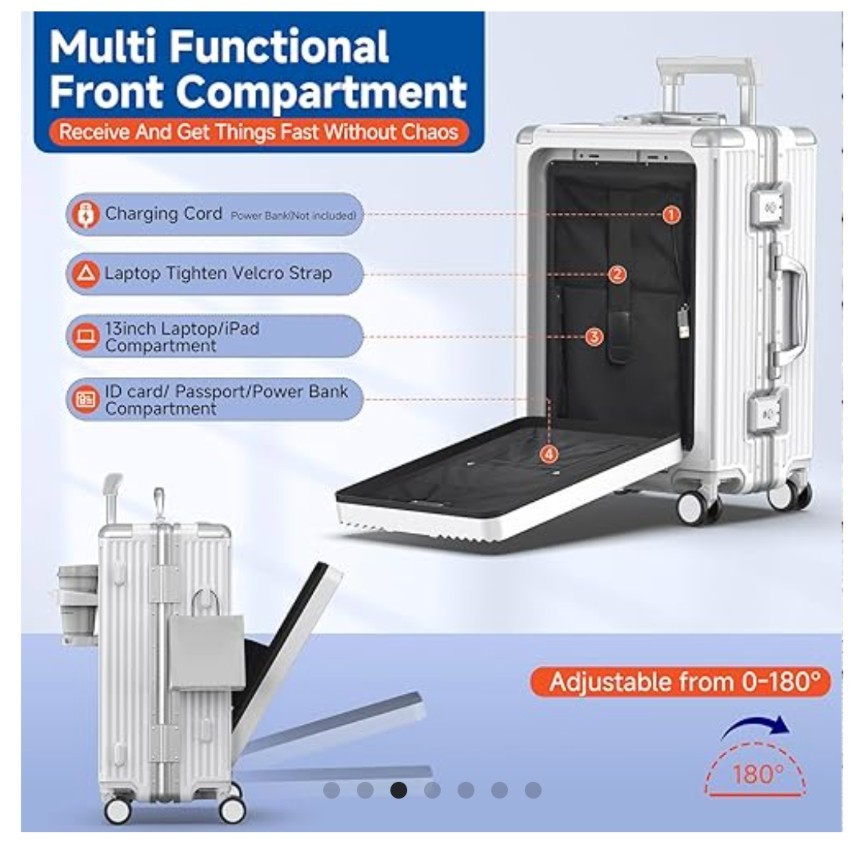 22" Airline Approved Carry-On Luggage, Aluminum Frame USB Laptop Pocket Suitcase