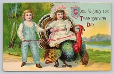Vintage Thanksgiving Postcard Children Riding Turkey Embossed No. 854 Saxony