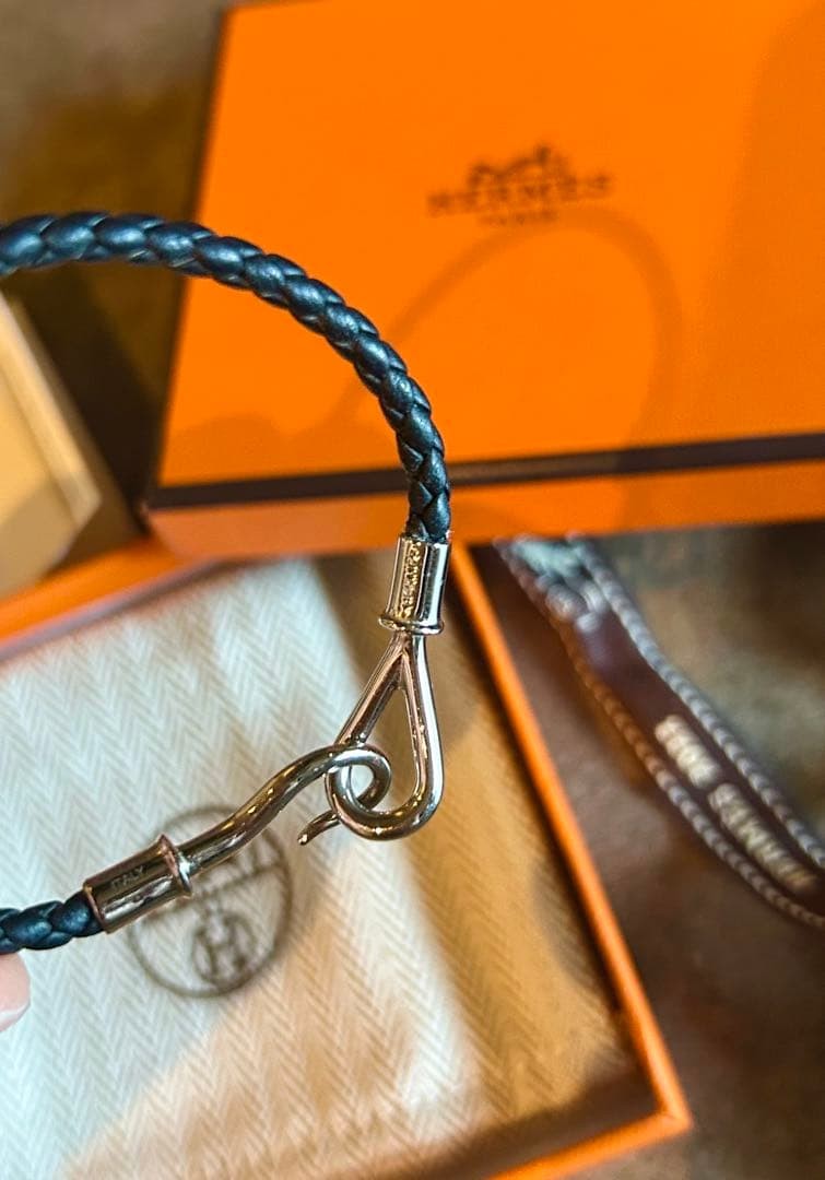 Hermes Braided Leather Bracelet Black Silver Hook 7.1 in Pre owned thumbnail 4