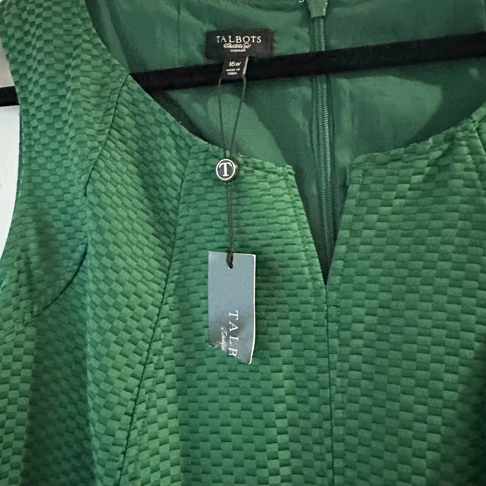 NWT Talbots Womens Green Textured Sheath Dress Sleeveless V-Neck MIDI Plus - Image 4 of 4