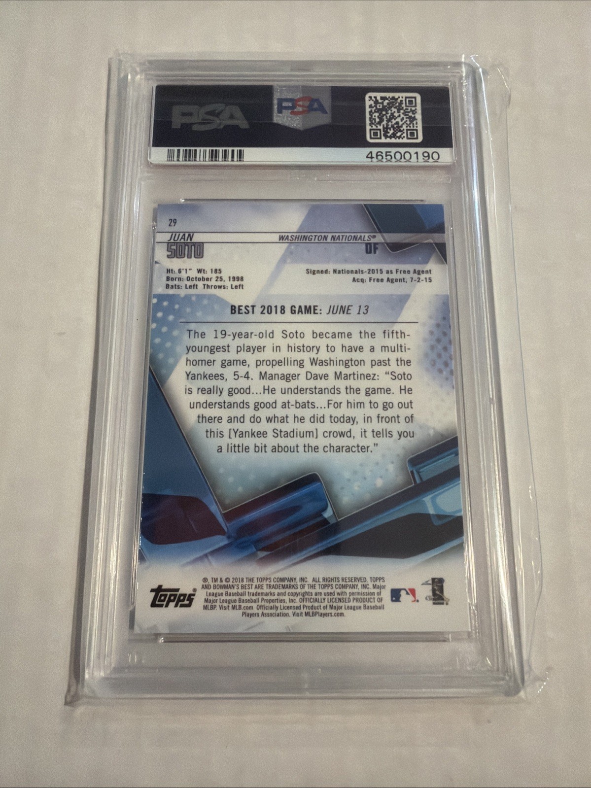 2018 Bowman’s Best Juan Soto #29 Psa 10 view 2