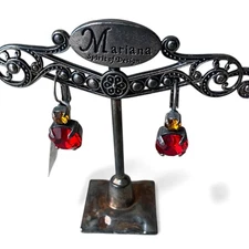 NWT Mariana Red Orange Crystal Dangle Drop Earrings silver leverback prong set