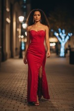 Fashion Nova Mermaid Maxi Dress Womens S Red Coquette Lace Embroidered High Slit