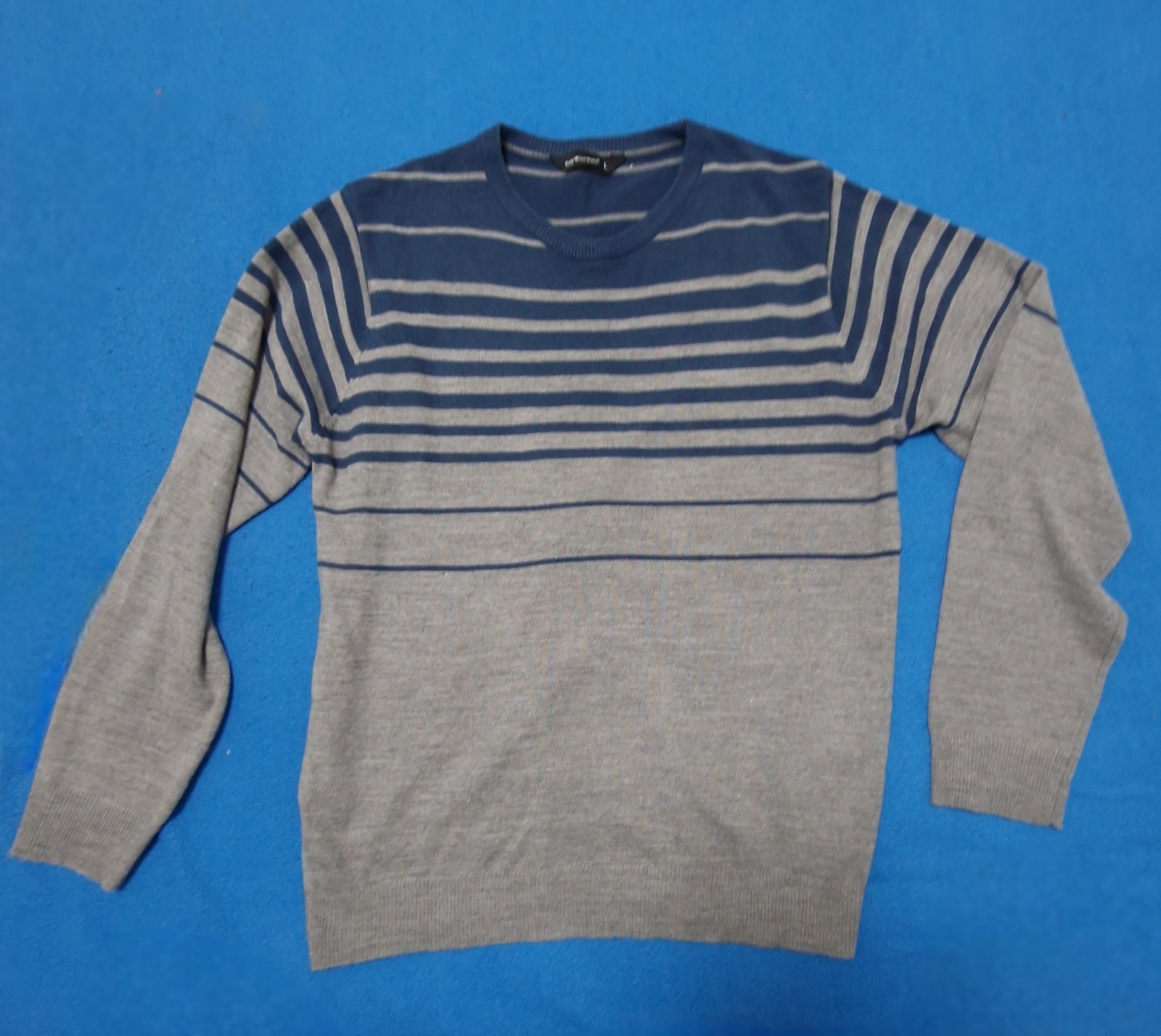 Primark Sweater L Men’s Blue Grey Stripe Knit Jumper Casual Retro Vintage Y2K