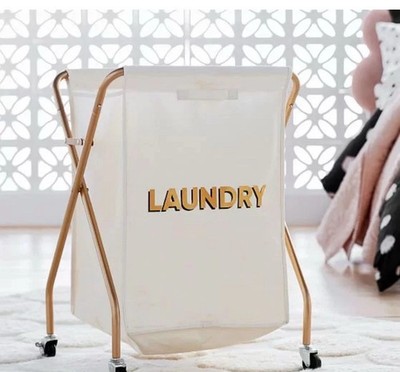Pottery Barn Teen The Emily & Meritt Rolling Laundry Hamper Gold Black Cream NIB