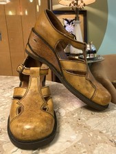 VINTAGE 70 s Larks Hippie Wood Platform Wedge Tooled Leather Sandals Shoes 10 N