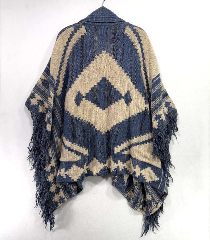Cárdigan Poncho Lauren Ralph Lauren Mujer L Azul Beige Lana Lino Suroeste Foto 2 de 4