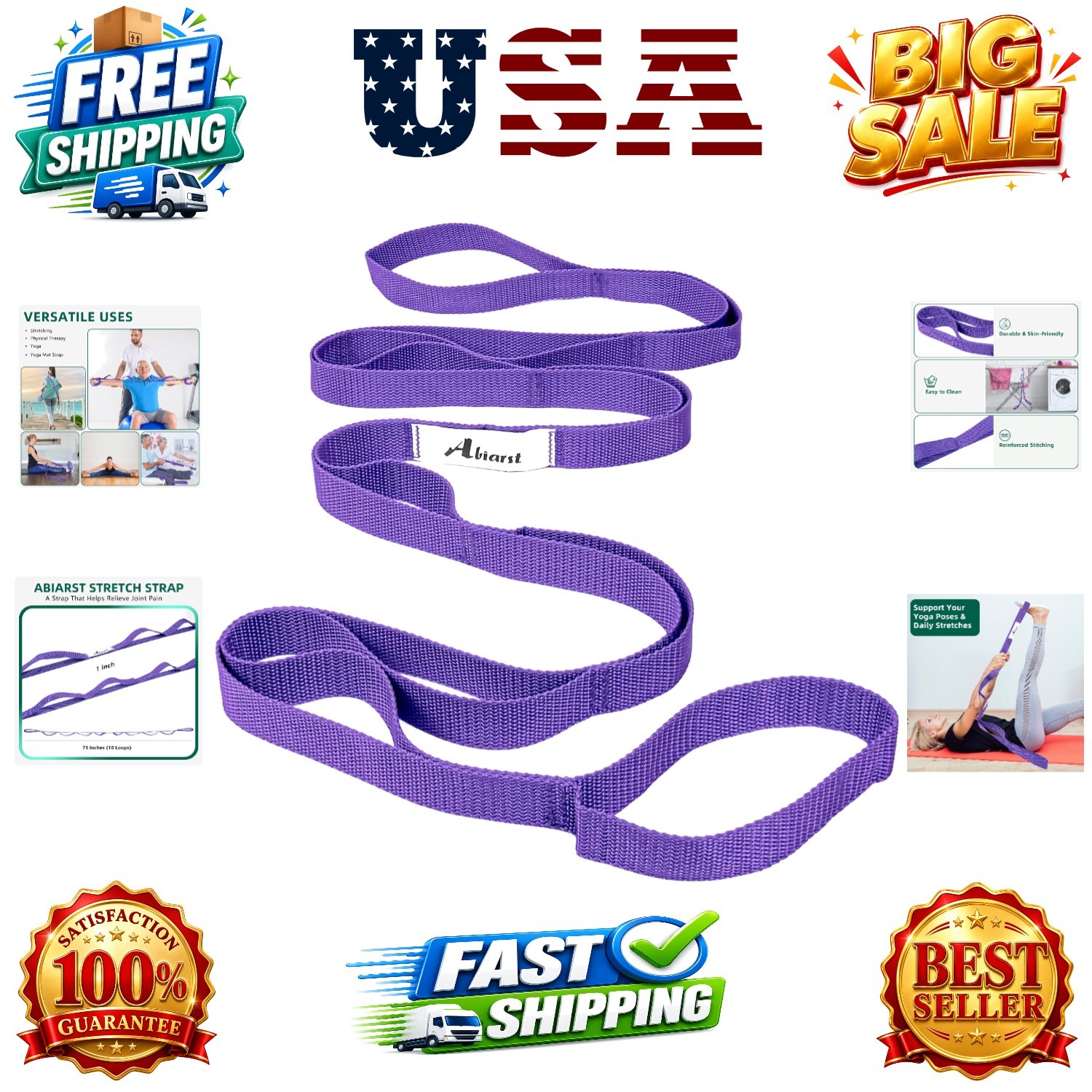 Stretching Strap Yoga Straps for Physical Therapy, 10 Loops Non-Elastic Stret...