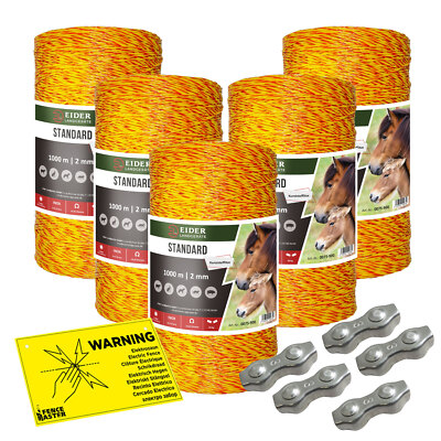 Weidezaunlitze 1000 - 5000m + Warnschild + Verbinder Elektrozaun Weidezaun Litze