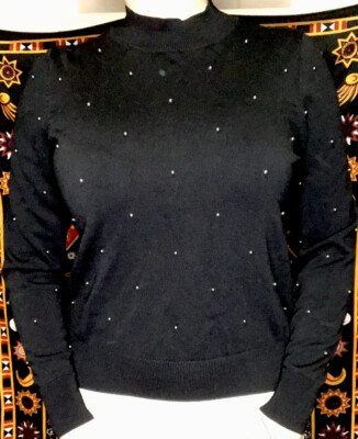 H&M XS Black Silver Ball Bead Turtleneck Stretch Fitted Holiday Festive Sweater