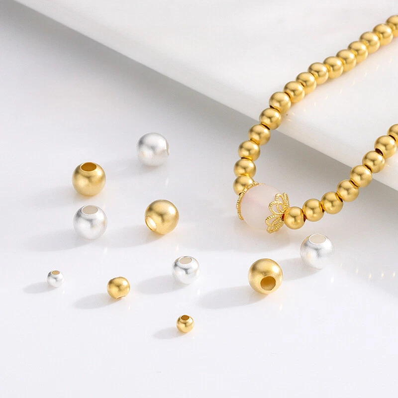 S925 Solid Silver Antique Gold Frosted Round Beads Loose Beads Jewelry Findings - Image 2 of 4