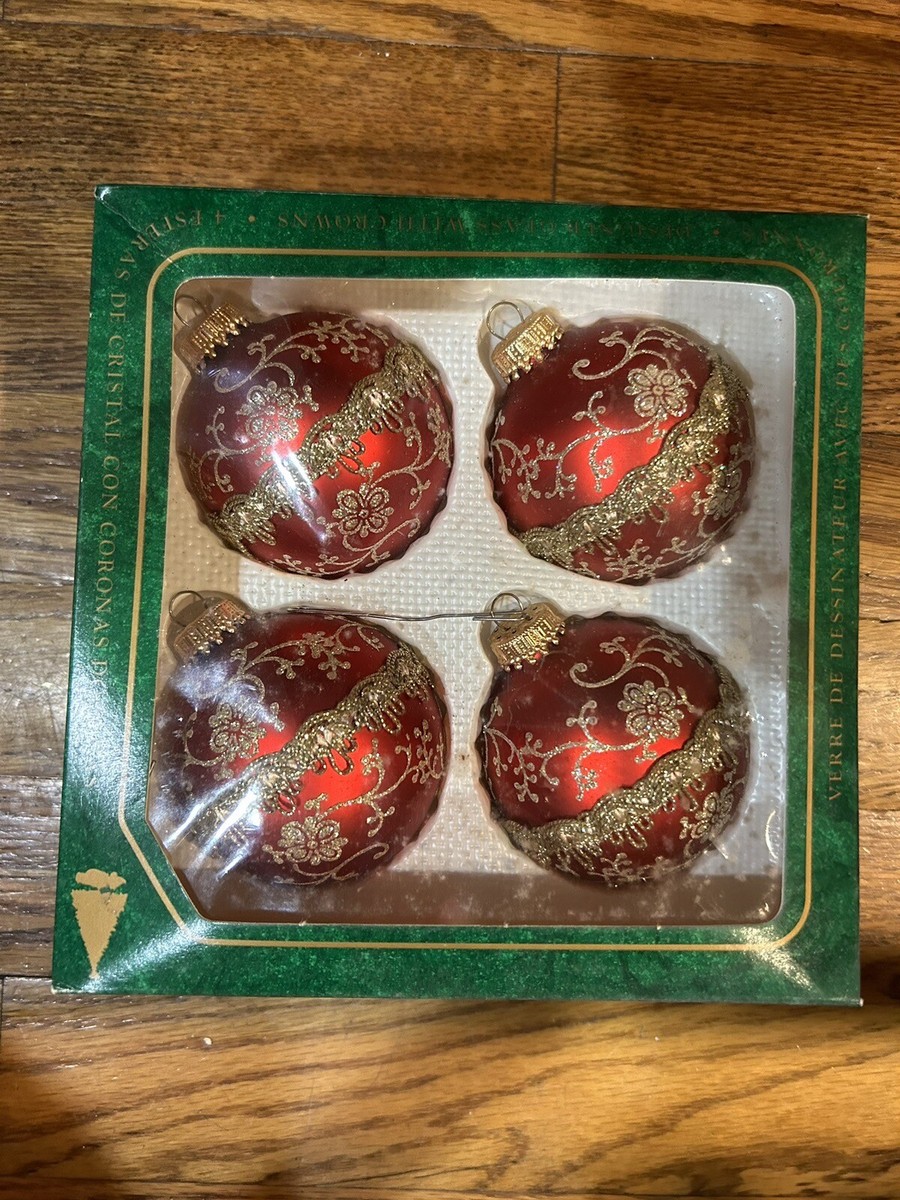 Vintage Christmas by Krebs 4 Fancy Maroon Red Glass Ornaments Gold