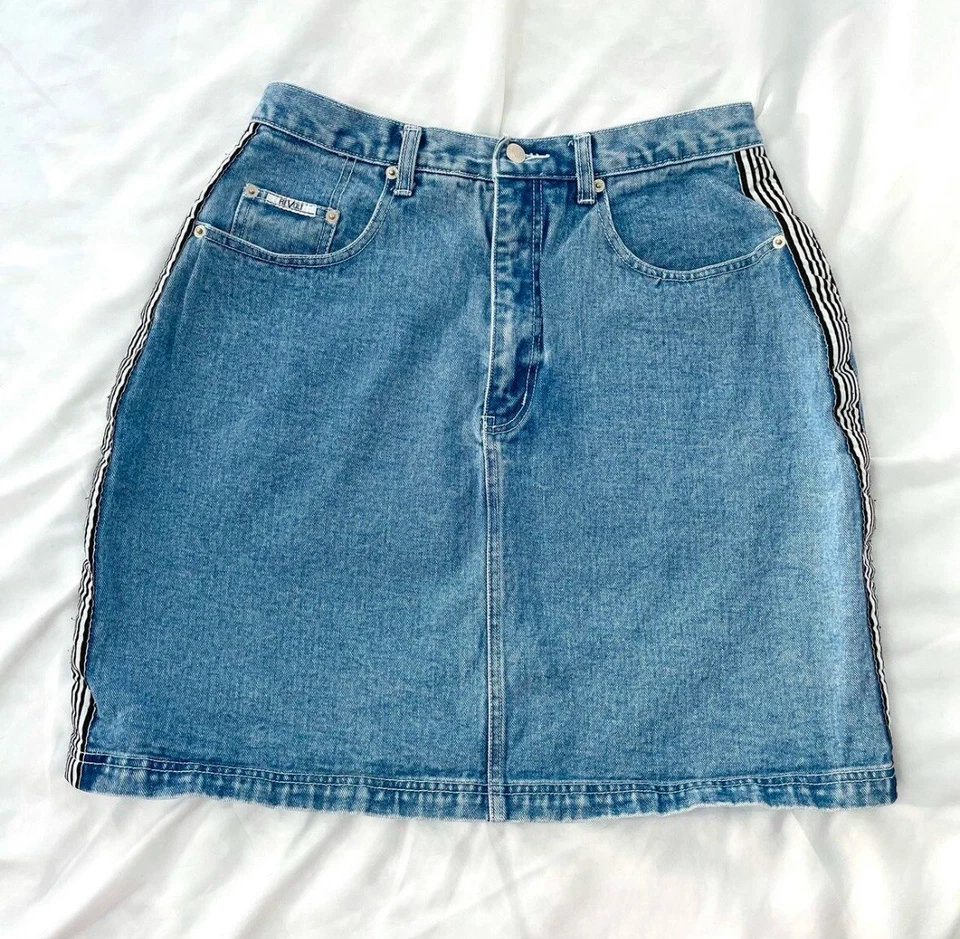 Vintage 90s 2000s ReVolt Denim A-Line Curvy Jean Skirt Racing Stripes Y2K 6/8 - Image 4 of 4