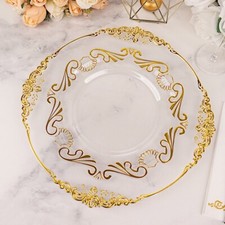 10 Clear 10 in Round Disposable Dinner Plastic PLATES Gold Baroque Design Party