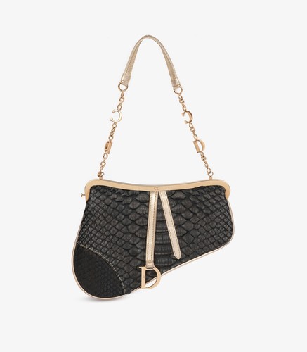 Christian Dior Metallic Black Snakeskin & Gold Calfskin Leather Mini Saddle Bag