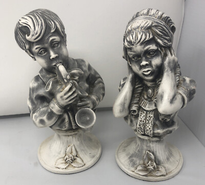1971 J Kendrick Universal Statuary Corp Chicago Boy Girl Bust Statue Saxophone