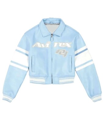 Women Avirex Sky Blue & White Varsity Bomber Real Leather Jacket