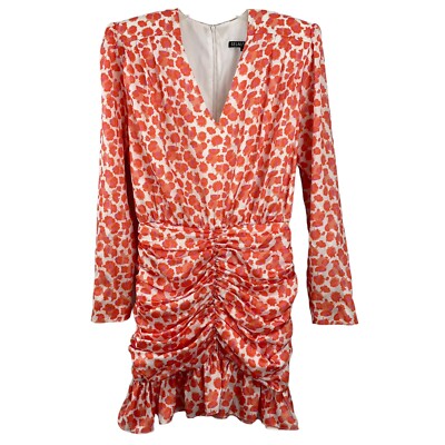 revolve orange ruffle dress SELMACILEK Revolve Mini Dress Sz Medium Ruched Orange Print Shoulder Pads  Ruffle