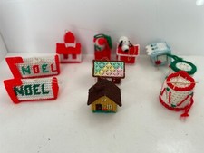 LOT of 10 VINTAGE handmade needlepoint plastic canvas Christmas ornaments house