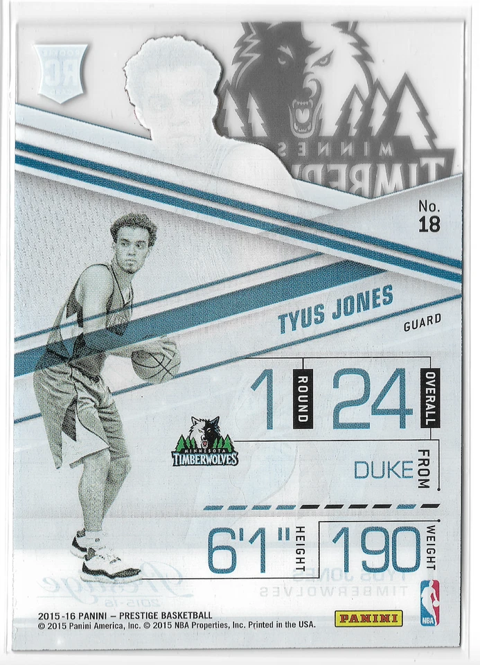 2015-16 Prestige Acetate Rookies #18 Tyus Jones RC Minnesota Timberwolves Duke - Image 2 of 2