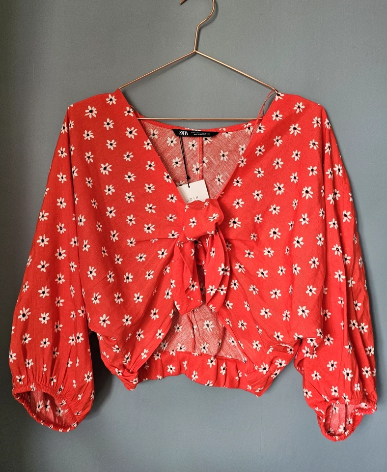 Zara Linen Cotton Crop Knotted Top -Size Medium UK 10/12 floral -Red- 3/4 sleeve - Image 3 of 4