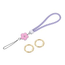 Wristlet Lanyard, 4.7" Leather Keychain Strap with Flower Charm, Purple