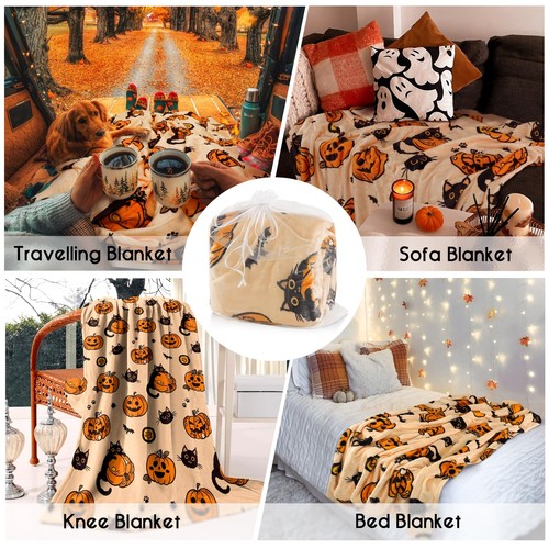 Halloween Blanket,Fall Halloween Black Cats Pumpkins Bats Spiders Fleece Blan... - Picture 2 of 7