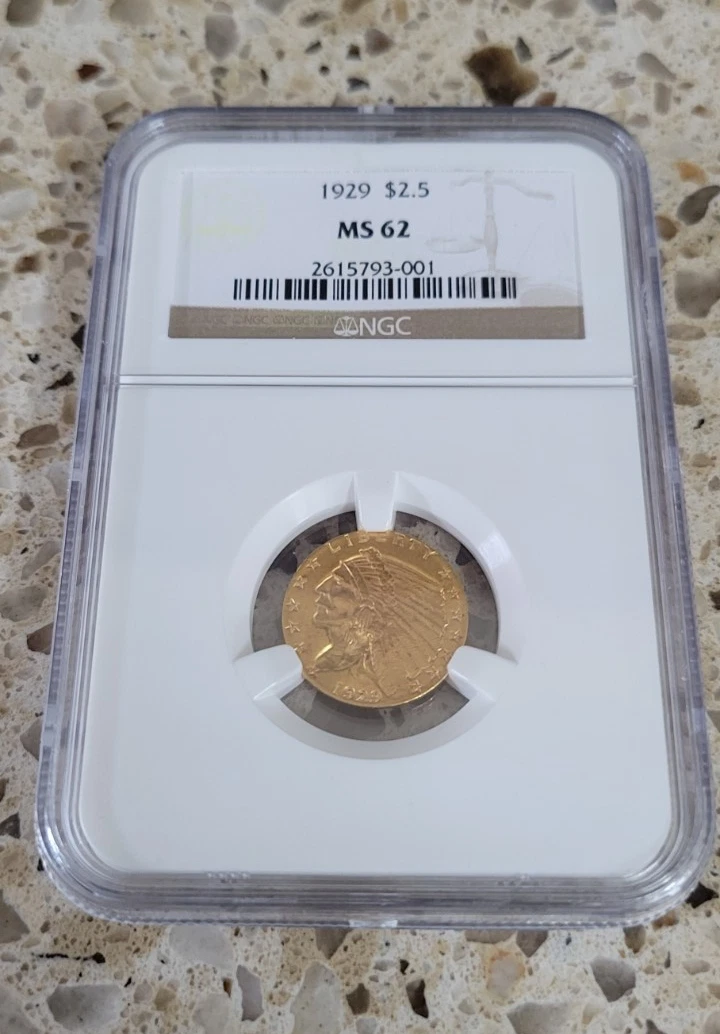 MS 62 Graded 1929 Year Quarter Eagle $2.50 US Gold Coins (Pre