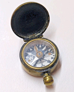 ANTIQUE BRASS WATCH FOB MINIATURE COMPASS PENDANT CASE POCKET BARKER & SON HINGE